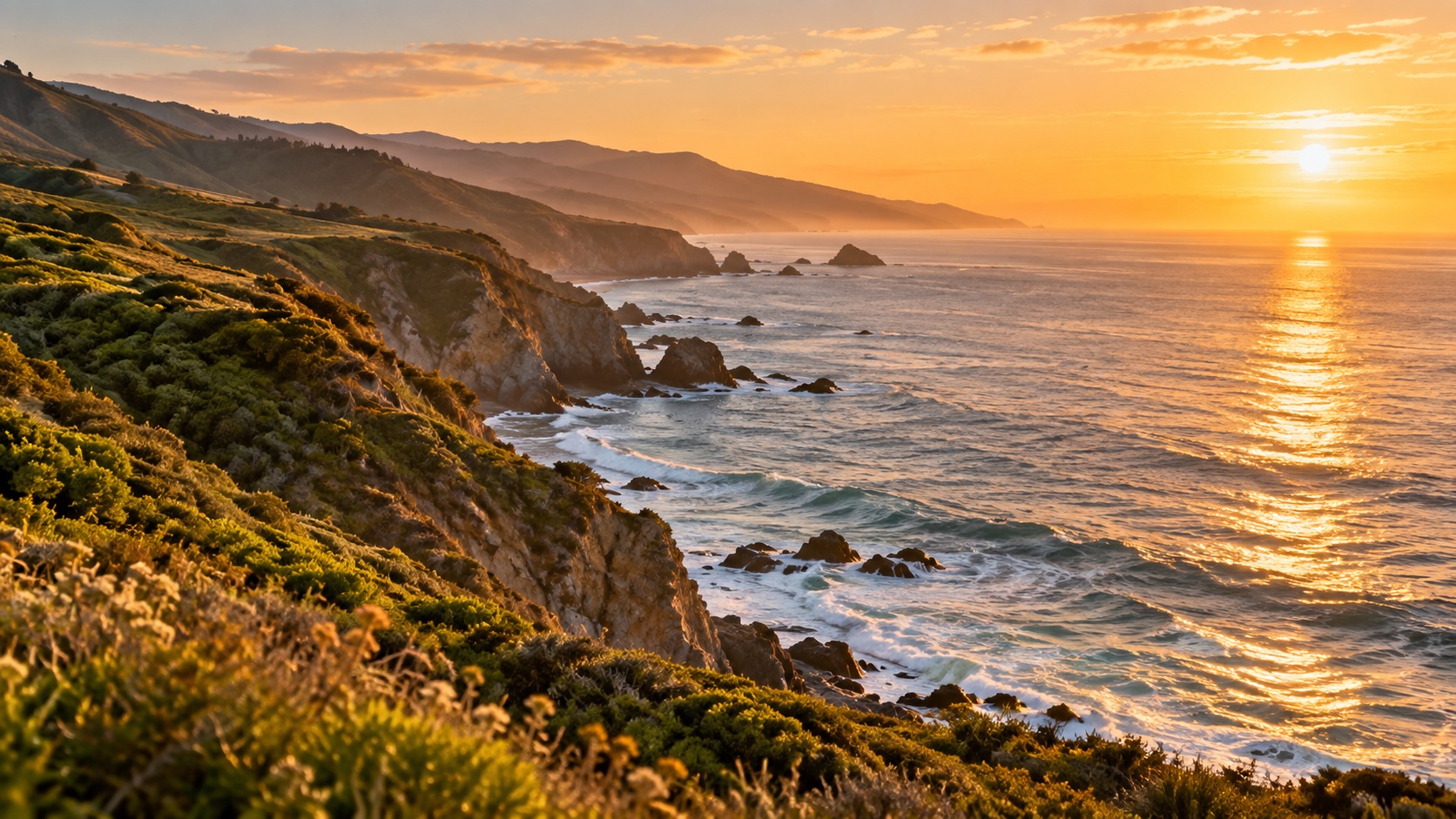 Southern California coastline at sunset